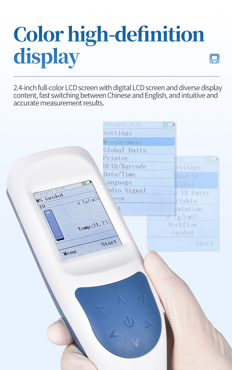 Color LCD measurement screen for portable liquid density and temperature analyzer