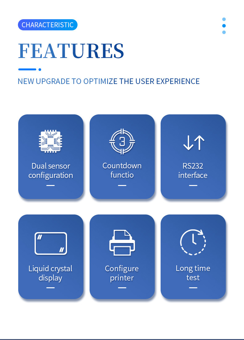 Core capabilities dual sensor countdown function RS232 data interface LCD display built-in printer and extended testing