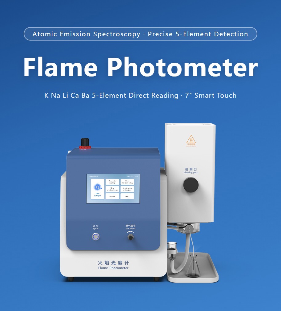 Flame photometer for laboratory multi-element alkali metal analysis with touchscreen and sample delivery system